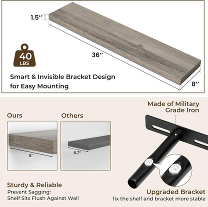 RICHFOCUS 72Inch Floating Shelves for Wall 2 Pack Shelves for Bedroom|Kitchen|Bathroom Wall Mounted Rustic Wood Floating Shelf with Invisible Brackets for Books|Storage|Decor, Rustic Brown