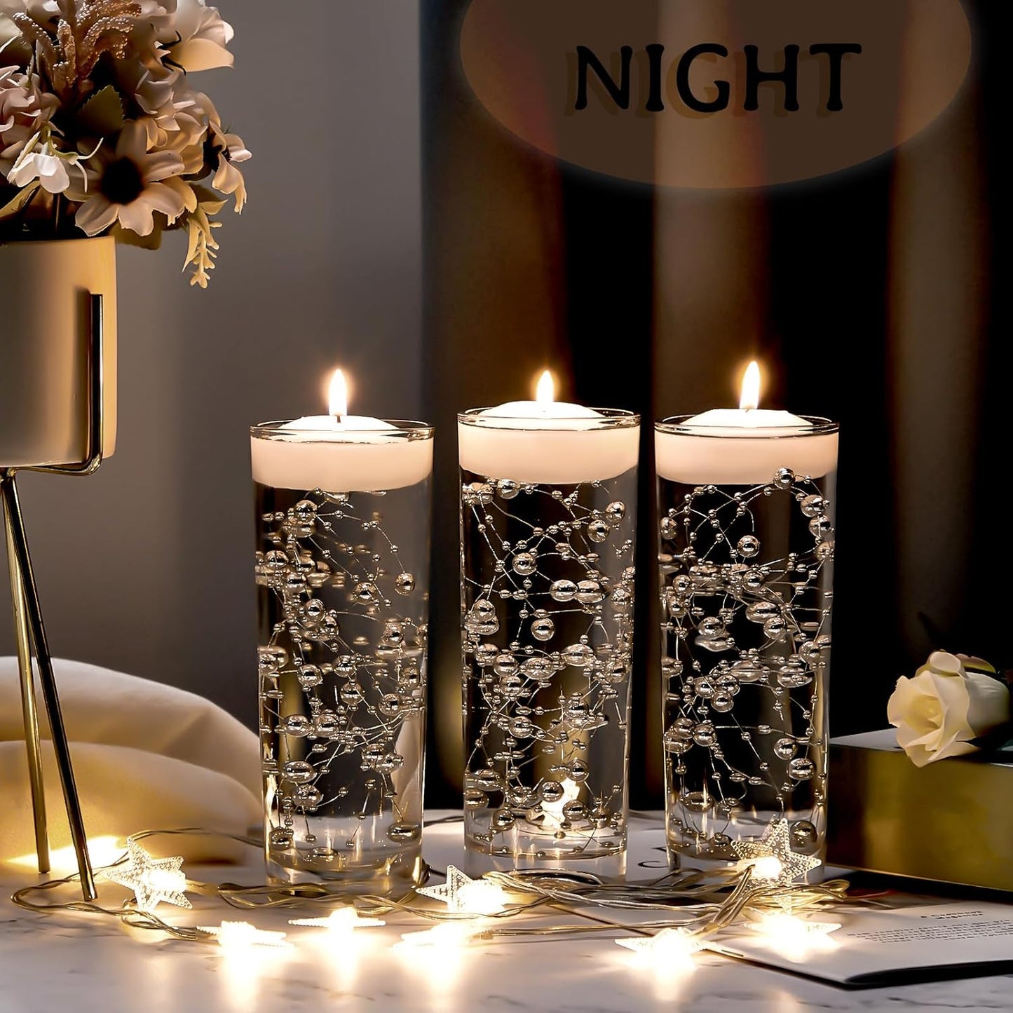 Tondiamo 24 Pcs Artificial Pearl String for Floating Candle Faux Pearls Beads String Garland Centerpiece Decoration for Vases Filler Wedding Spring Holiday Party Decor(Gold)
