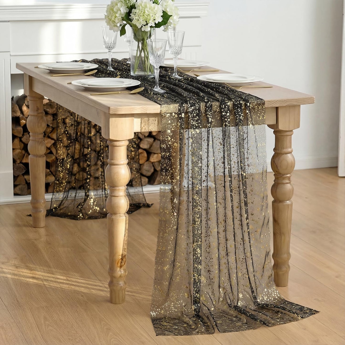 Artoid Mode Beige Gold Gauze Table Runner 120 Inch 10FT, Glitter Metallic Foil Sheer Dining Wedding Anniversary Holiday Birthday Table Decor for Home Party