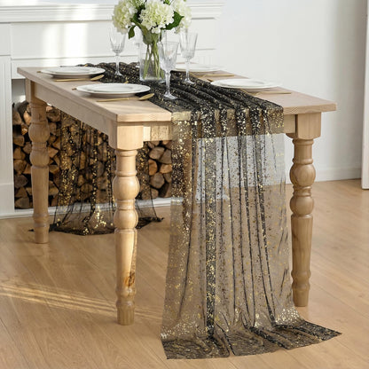Artoid Mode Beige Gold Gauze Table Runner 120 Inch 10FT, Glitter Metallic Foil Sheer Dining Wedding Anniversary Holiday Birthday Table Decor for Home Party
