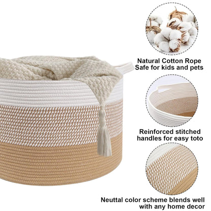 Large Woven Blanket Basket,65L Cotton Rope Laundry Basket Hamper with Handles, Decorative Nursery Basket Storage Bin for Toys, Clothes Organizer, Living Room, Bedroom, Bathroom, White & Brown