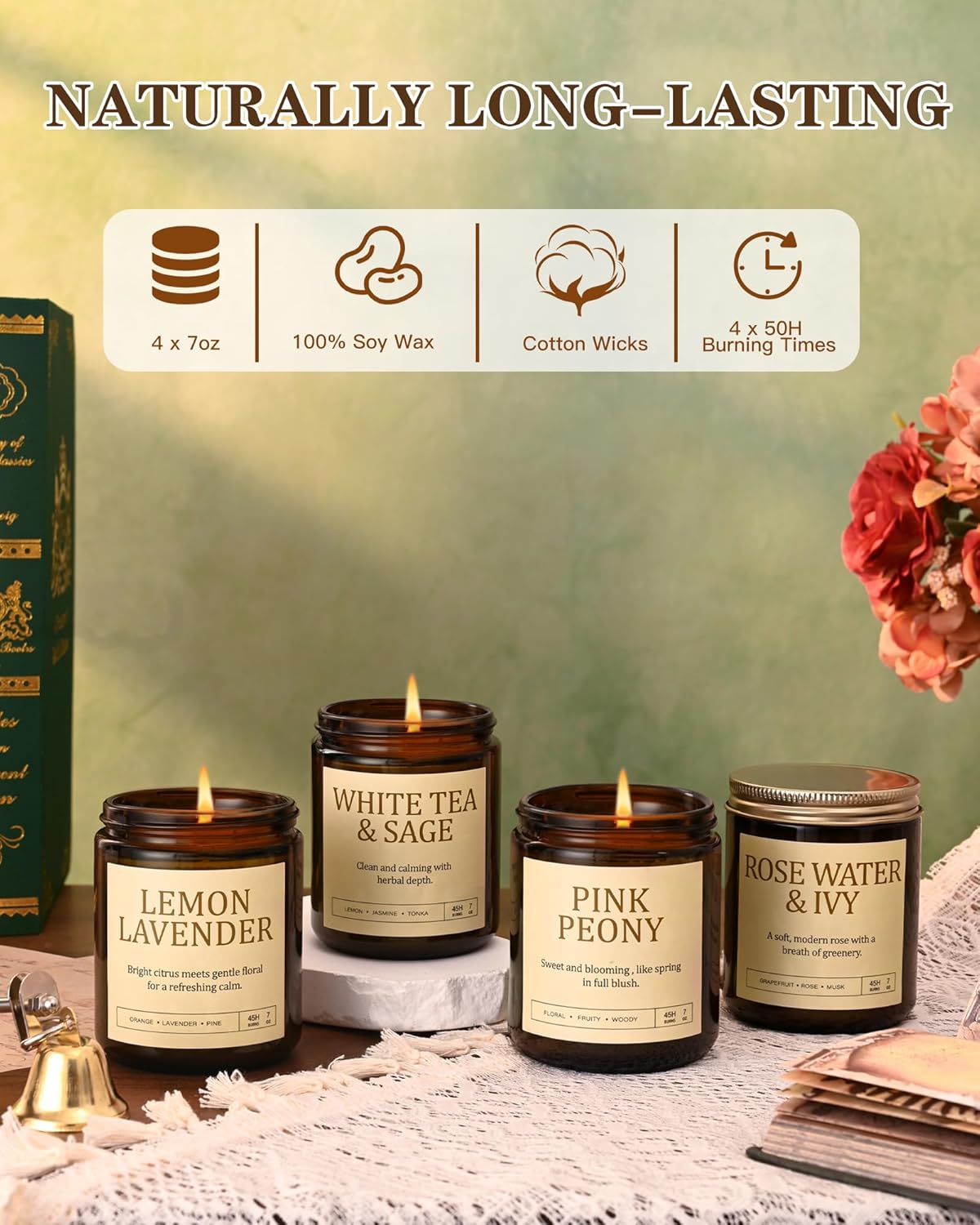 4 Pack Scented Candles Gifts for Women: 28oz Natural Soy Candles for Home Scented, Up to 200H Burning, Aromatherapy Candle Set, Jar Candle Gift Set for Spa Bath Meditation Birthday Valentine's Gifts