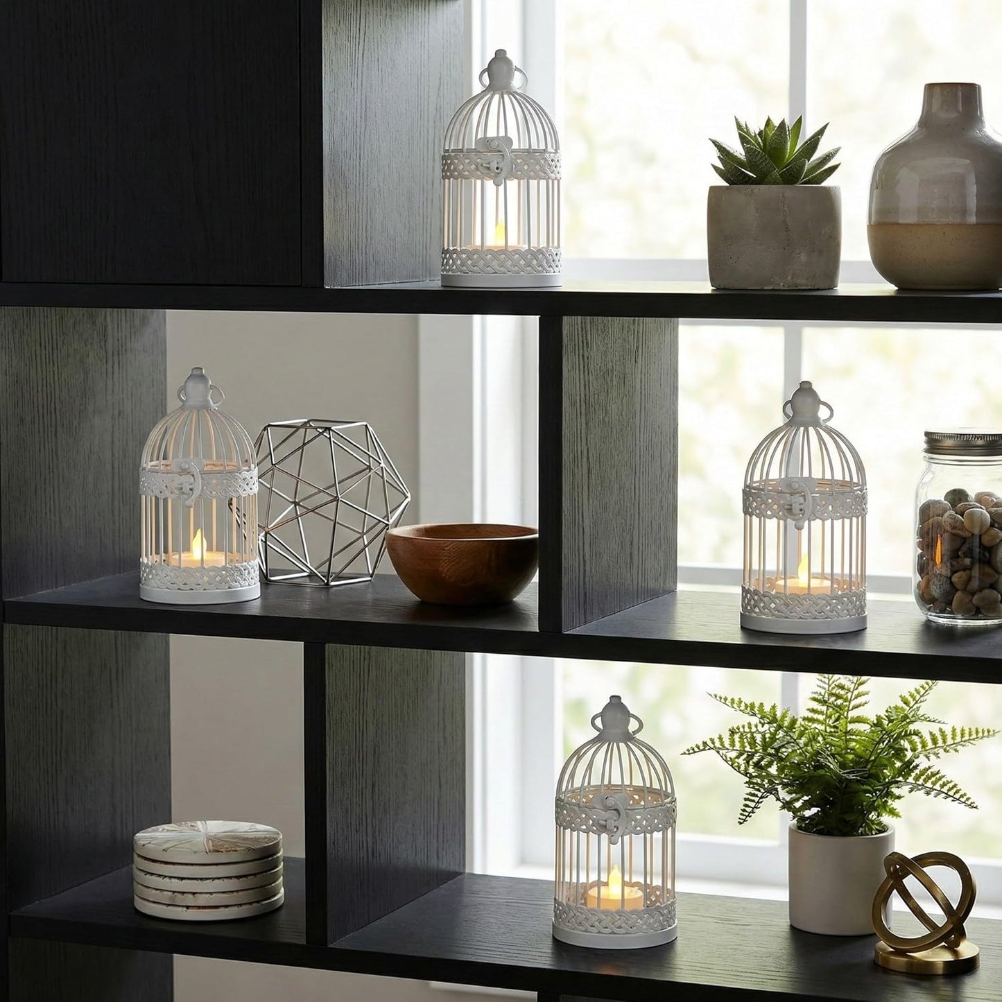 Vela Lanterns Bird Cage Decor Candle Holder Lantern Decorative Wedding Table Centerpiece Decorations, White, Small, Set of 4