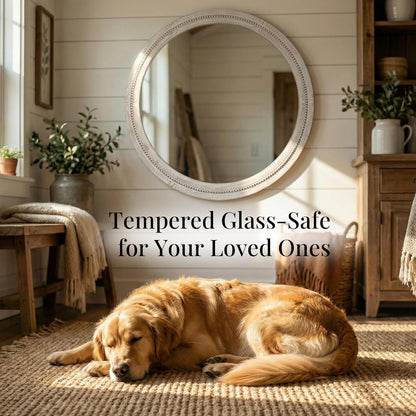 30" Round Solid Wood Mirror for Bathroom Vanity, Handcrafted Beaded Circle Wall Mirror - Natural Boho Farmhouse Decor for Entryway & Bedroom