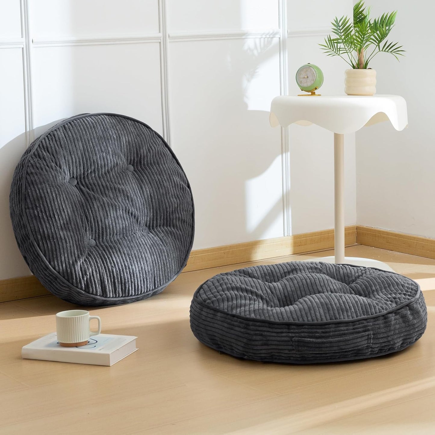 HIGOGOGO 6" Extra Thick Floor Pillow Cushion for Adults, Meditation Cushion Pillow, Large Square Floor Sitting, Tufted Corduroy Cover, for Tatami Living Room or Yoga, 22x22 Inch, 2Pack, Dark Grey