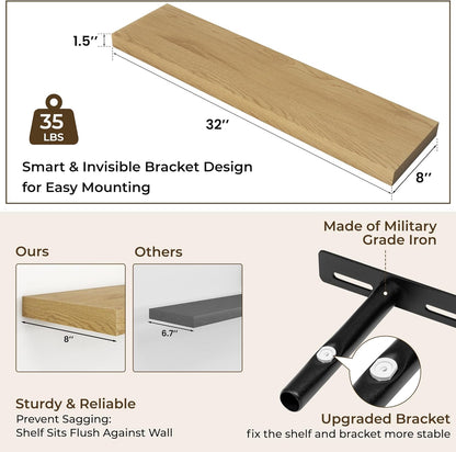 RICHFOCUS 72Inch Floating Shelves for Wall 2 Pack Shelves for Bedroom|Kitchen|Bathroom Wall Mounted Rustic Wood Floating Shelf with Invisible Brackets for Books|Storage|Decor, Rustic Brown