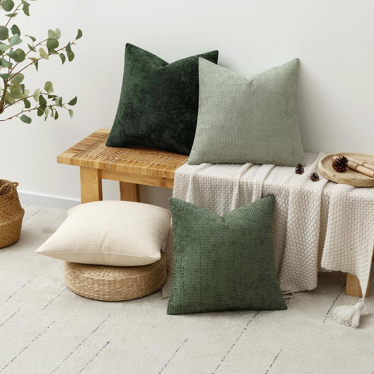 MIULEE Pack of 4 Couch Throw Pillow Covers 18x18 Inch Neutral Soft Decorative Chenille Pillow Covers Farmhouse Boho Cushion Covers for Mid Century Modern Spring Home Decor Sofa Bedroom Living Room