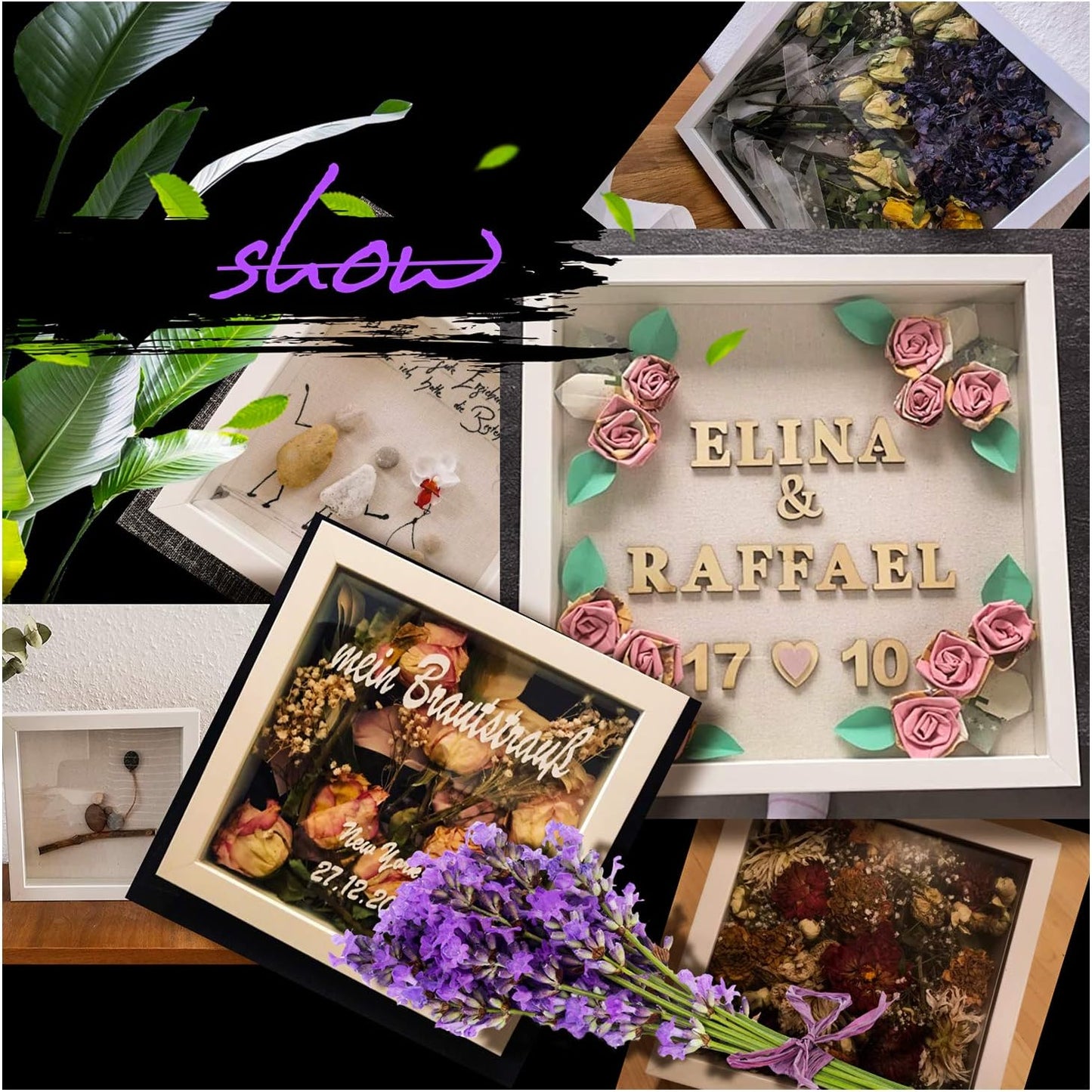 Muzilife 8x8 Shadow Box Picture Frame with Linen Board - Deep Wood & Glass Display Case Ready to Hang Memory Box Baby Sports Memorabilia, Pins, Awards, Medals, Wedding, Tickets and Photos (Black)