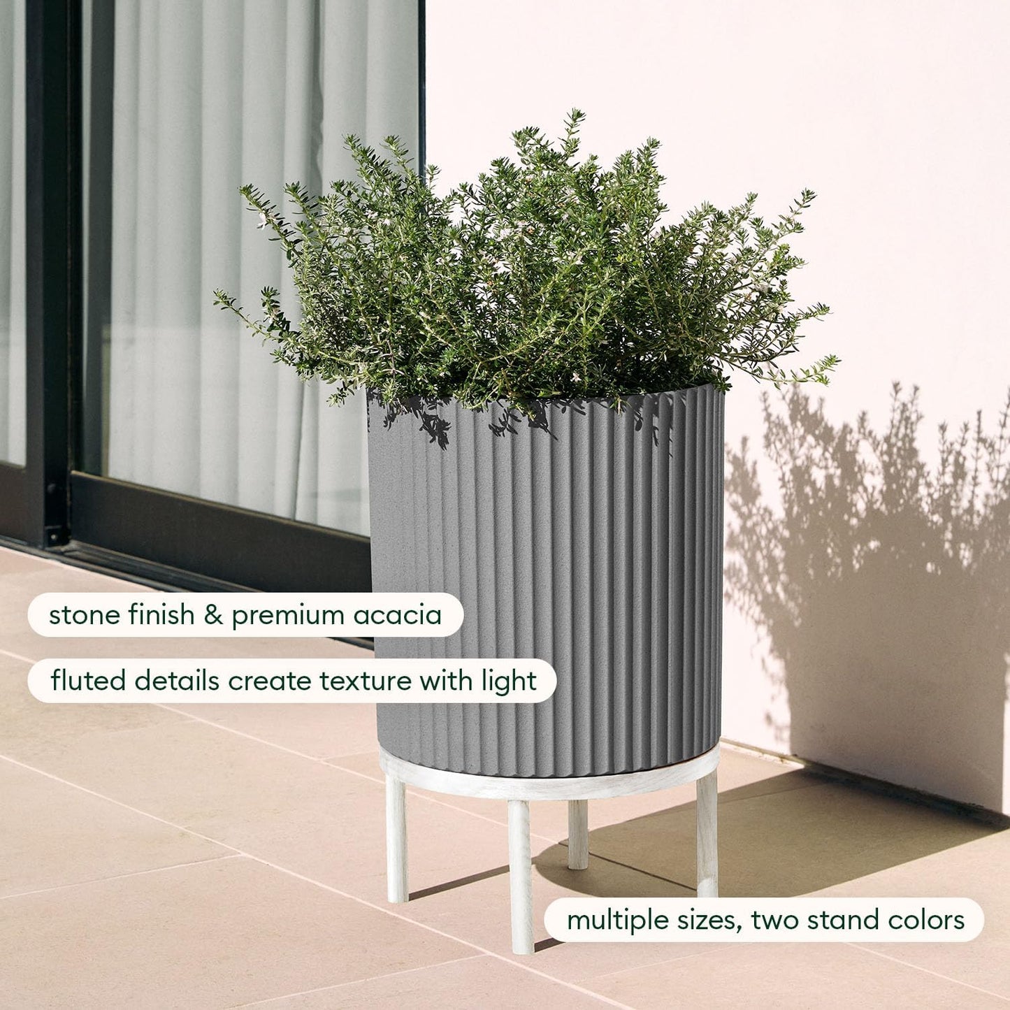 Veradek Demi Series Round Planter w/ Stand for Porch/Patio | Durable Plastic-Concrete & Wooden Stand | Modern Décor for Tall Plants, Flowers