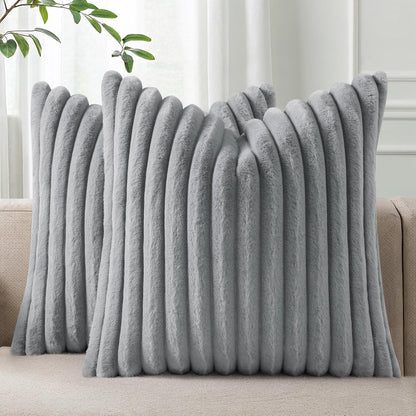 Pallene Faux Fur Plush Throw Pillow Covers 18x18 Set of 2, Luxury Soft Fluffy Striped Decorative Pillow Covers for Sofa, Couch, Living Room, Cream White