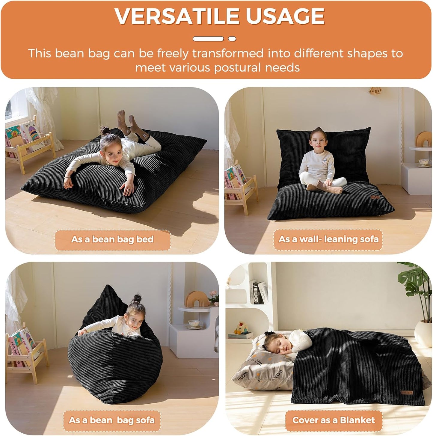 MAXYOYO 3 in 1 Kids Bean Bag Chair Couch, Convertible Chair Folds from Bean Bag to Lounger, Child Floor Sofa for Gaming, Reading, Floor Mattress with High-Density Foam Filling