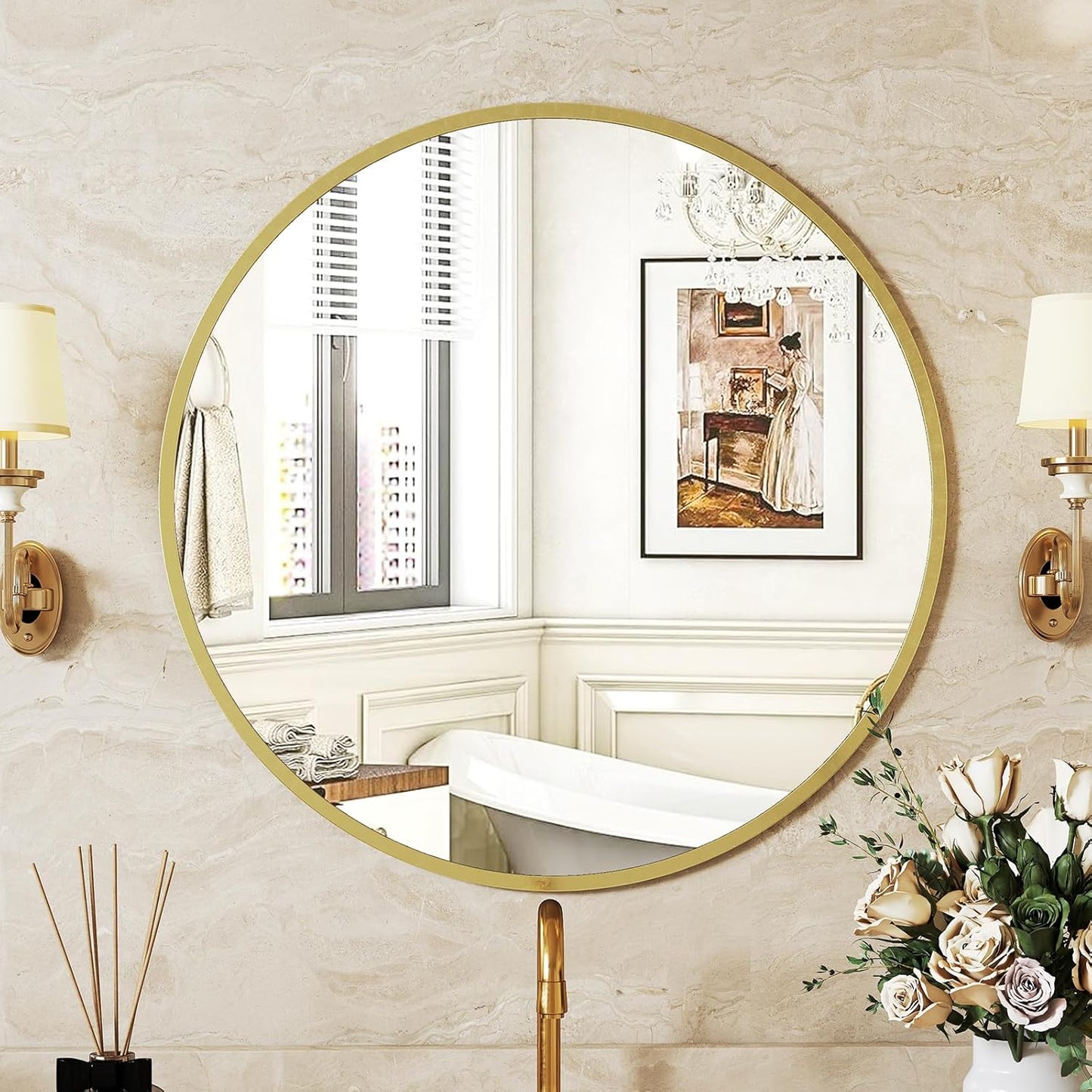 Sweetcrispy 24 Inch Round Wall Mirror with Tempered Glass, Bathroom Mirror Over Sink, Anti-Fog & Waterproof Round Mirror for Bathroom, Entryway, Bedroom, Shatterproof Design, Black