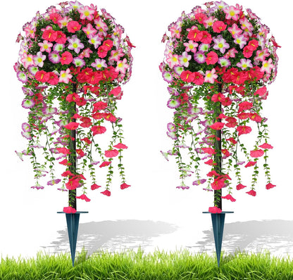Artificial Lavender Topiary Ball Trees, 2 Set of UV Resistant Fake Evergreen Shrubs Bushes Plants with Ground Spike, Fake Plants for Outdoor Indoor Front Porch Garden