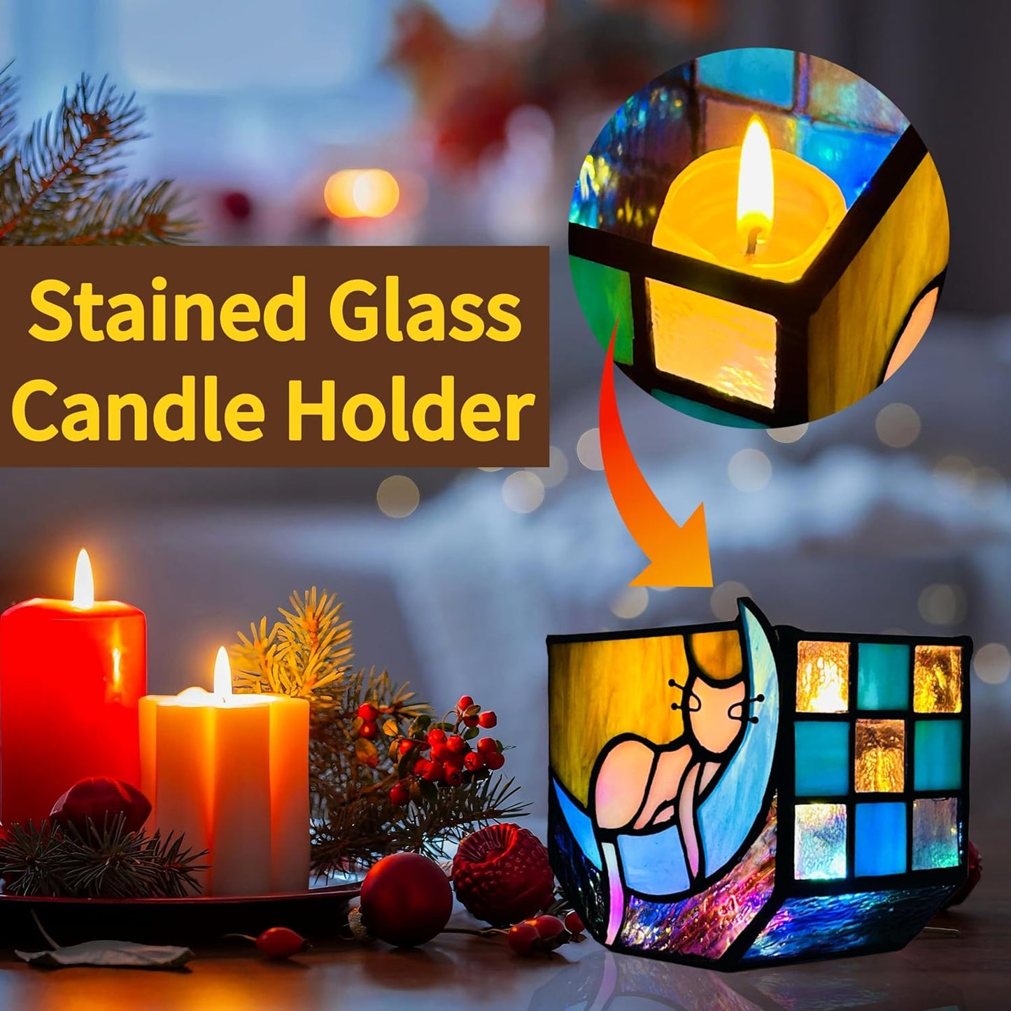 Tiffany Stained Glass Fun Moon Sleeping Cat Planter，Cactus Planter，Cute Planters for Indoor Plants,Decorative Flower Pots As Gifts for Cat Lovers，4.6x3x5.15 in