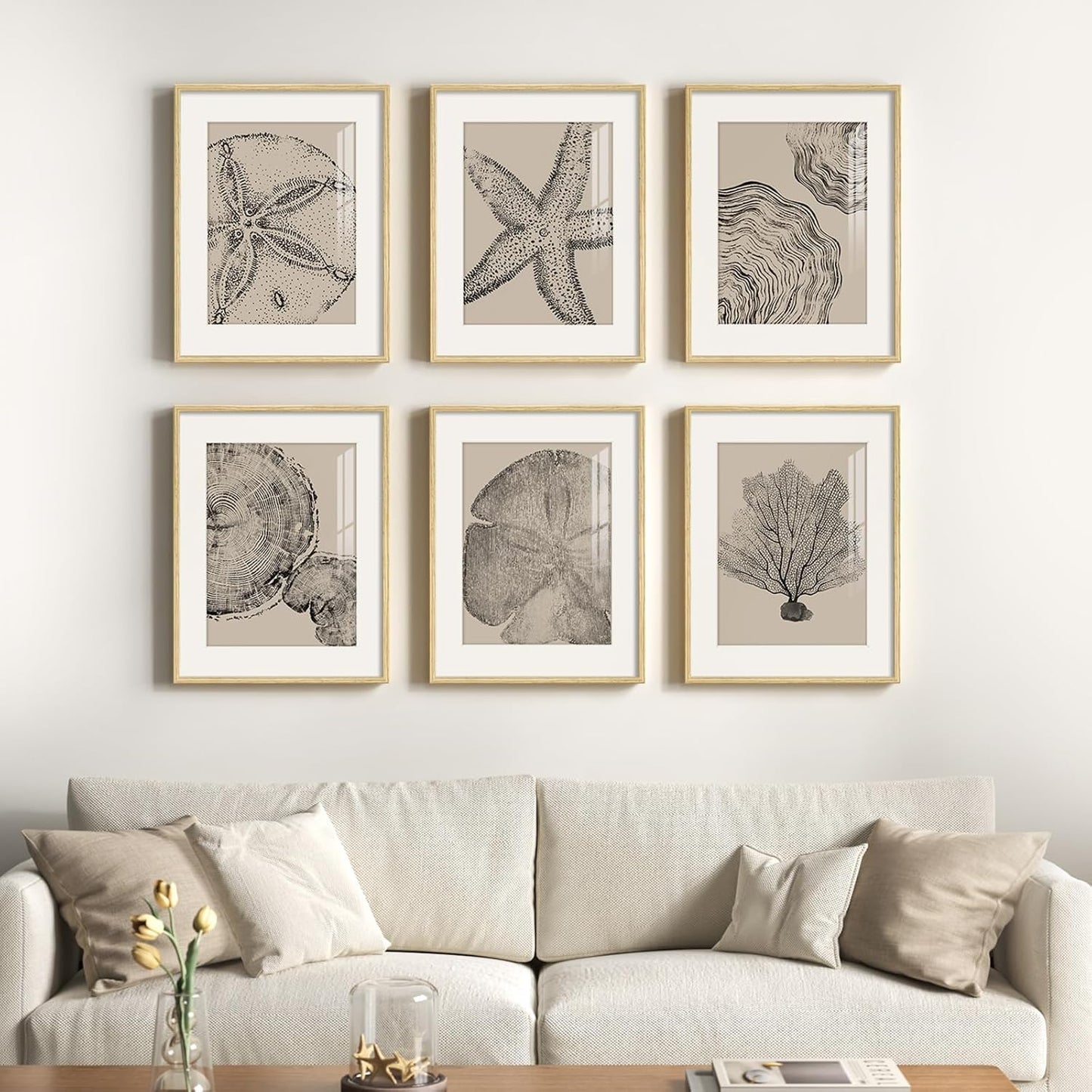 Framed Boho Black and White Brown Modern Abstract Wall Art for Living Room, Set of 6 Bohemian Wall Hanging Artwork, Minimalist Sun Geometric Pictures for Bedroom Office Bathroom Wall Decor 11x14 Inch