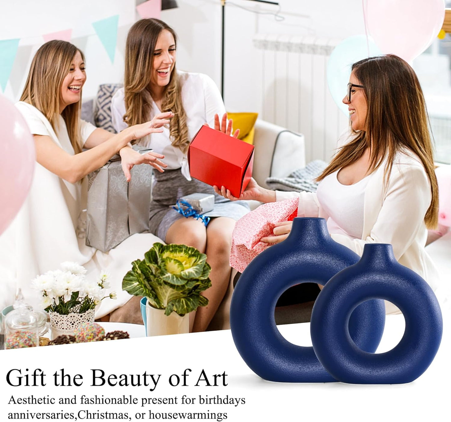 White Ceramic Donut Vase Set of 2, Hollow Matte Pampas Flower Vases for Boho Home Wedding Party Room Dinner Table Shelf Decor.（White）