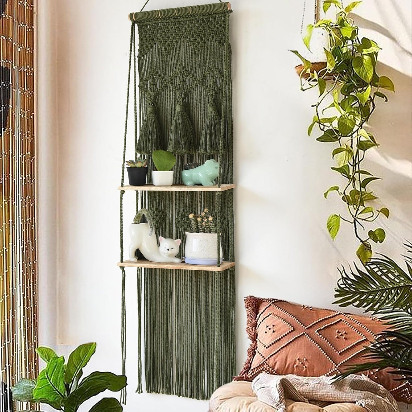 Flber 2 Pcs Macrame Wall Hanging Boho Wall Decor Handmade Macrame Art Tapestry Wedding Macrame Backdrop 13.7" W x 51" L For Living room Bedroom Headboard Decor