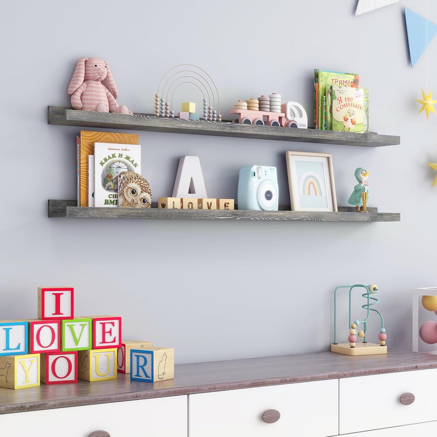 FLYJOE Picture Ledge Shelf, Floating Shelves Set of 2, Solid Pine Wood 55'' Long Large Nursery Book Shelves for Toys Storage, Kids Bookshelf for Living Room Bedroom Decor Books Photo Frames, Walnut