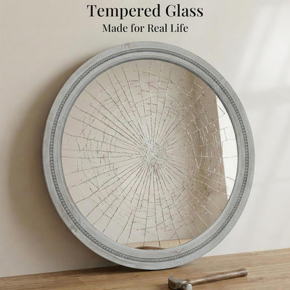 30" Round Solid Wood Mirror for Bathroom Vanity, Handcrafted Beaded Circle Wall Mirror - Natural Boho Farmhouse Decor for Entryway & Bedroom