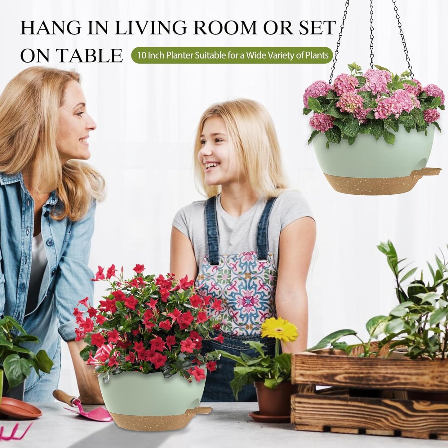 12 Inch Hanging Baskets 2 PC with Chains, Self-Watering Hanging Planters for Indoor Outdoor Plants, Plastic Hanging Flower Pots,Black