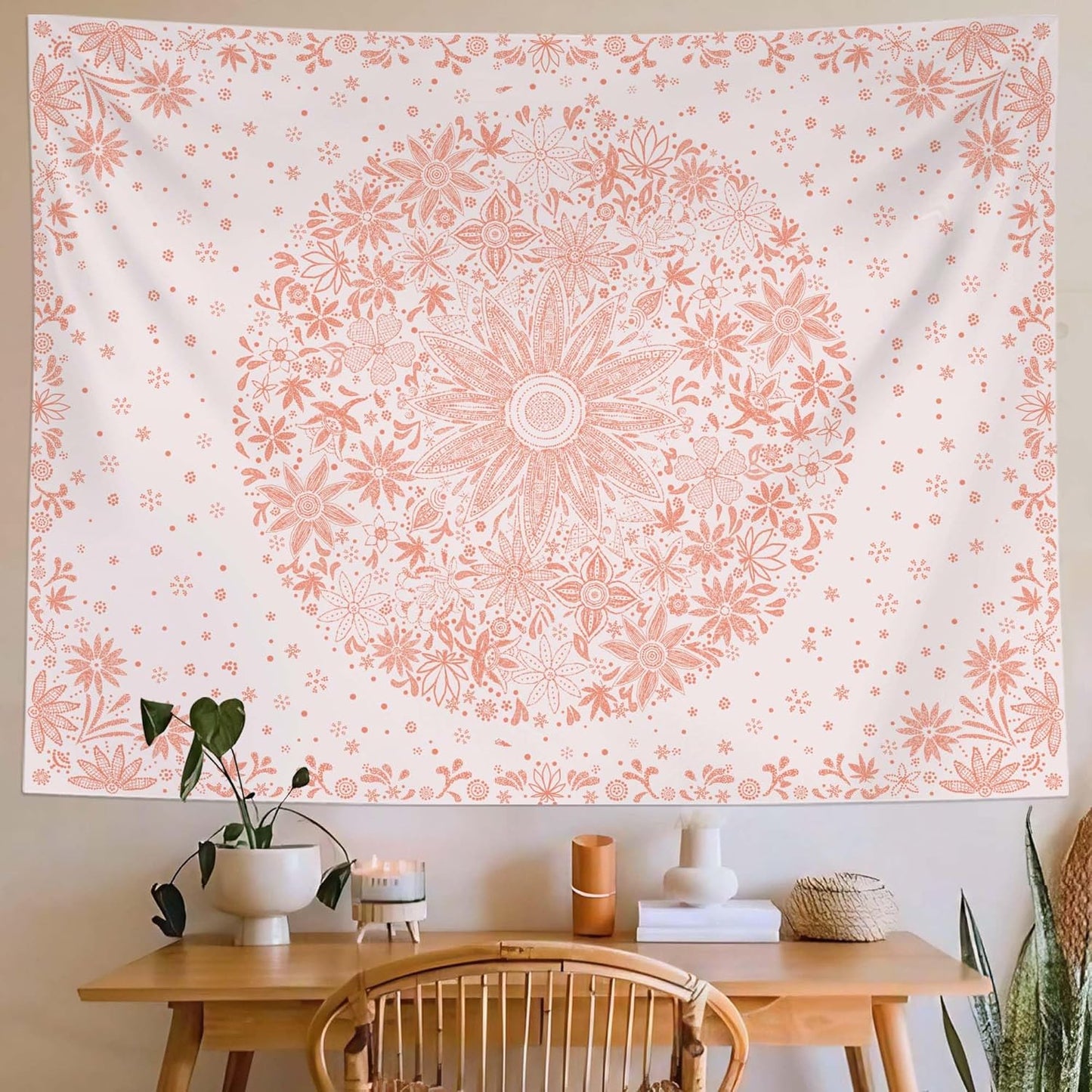 Neasow Bohemian Tapestry Wall Hanging, Beige White Floral Tapestry with Dotted Daisy Medallion Print Bedroom Boho Hippie Home Decor, 36×48 inches