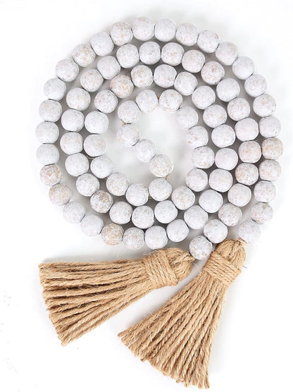 58in Wood Bead Garland with Tassels, Farmhouse Rustic Country Decor Prayer Boho Wall Hanging Decoration (Nature)