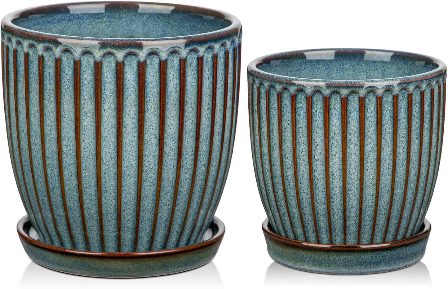 Oairse Ceramic Pots for Indoor Plants, 4.9 +5.7 inch Set of 2 Brown Plant Pots with Drainage Holes and Saucers Texture Ceramic Planters Indoor Outdoor Flower Planters for Succulent