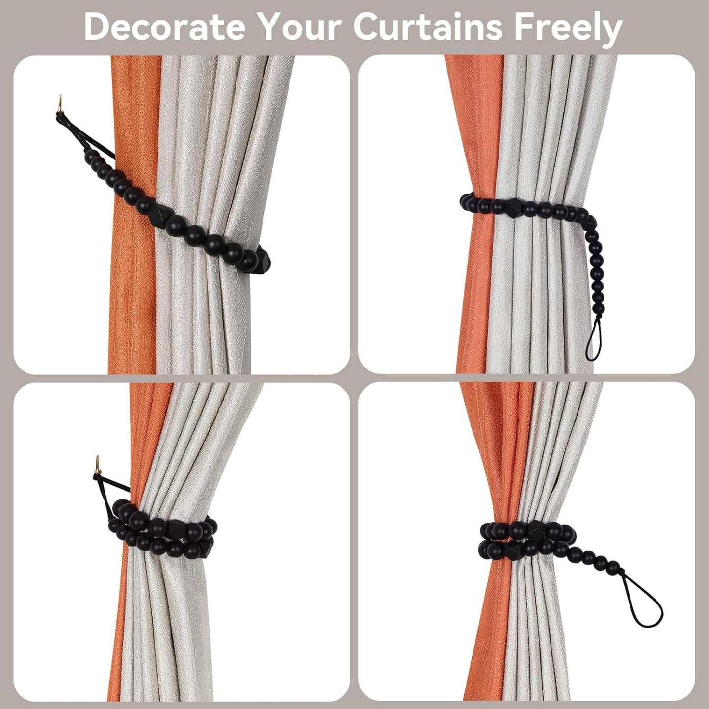 Wood Bead Curtain Tiebacks, KLOGTSIND Set of 2 Curtain Holdbacks for Thin or Thick Window Draperies, Boho Farmhouse Curtain Tiebacks with Hooks, Curtain Tie Backs for Home Office Room Decor