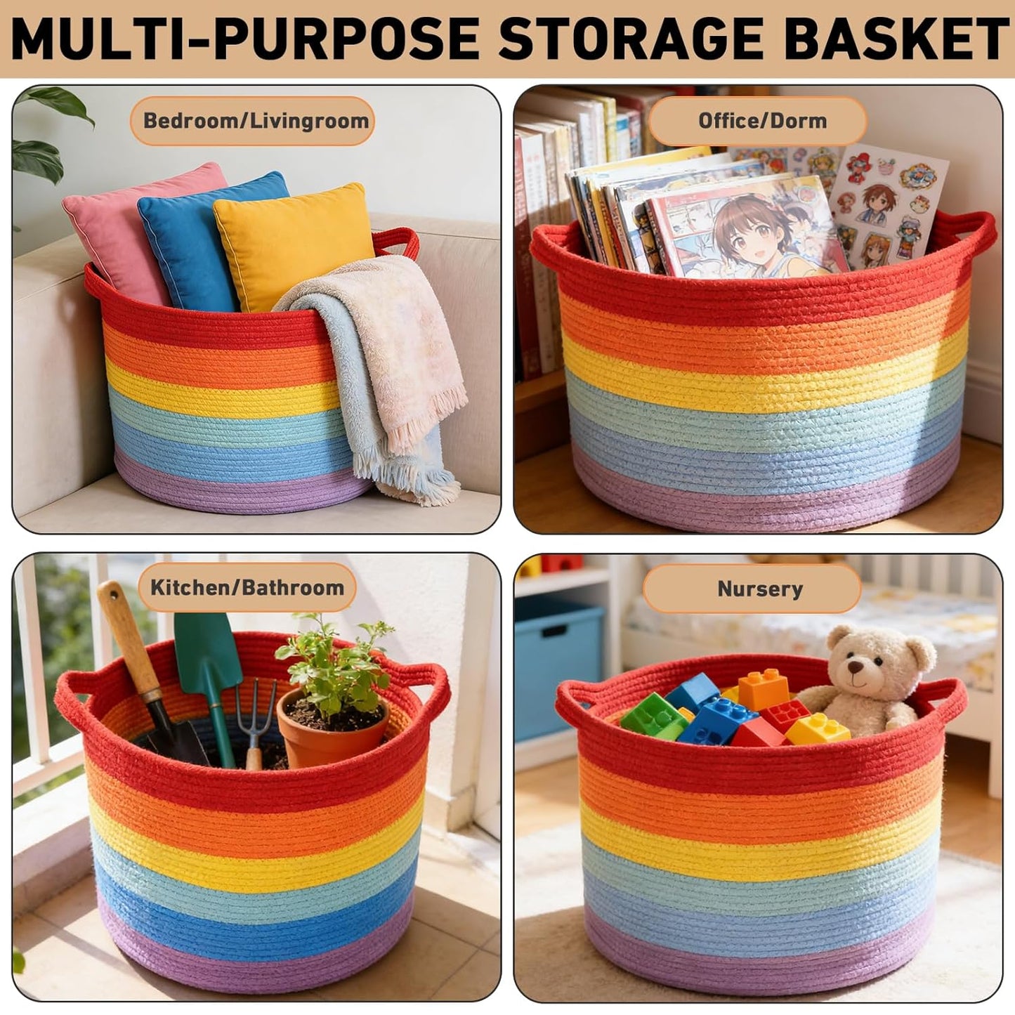 Large Woven Blanket Basket,65L Cotton Rope Laundry Basket Hamper with Handles, Decorative Nursery Basket Storage Bin for Toys, Clothes Organizer, Living Room, Bedroom, Bathroom, White & Brown