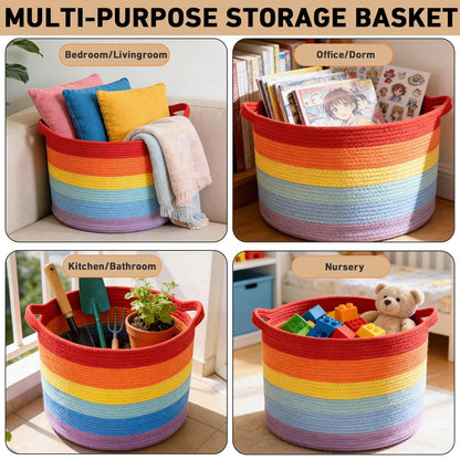 Large Woven Blanket Basket,65L Cotton Rope Laundry Basket Hamper with Handles, Decorative Nursery Basket Storage Bin for Toys, Clothes Organizer, Living Room, Bedroom, Bathroom, White & Brown