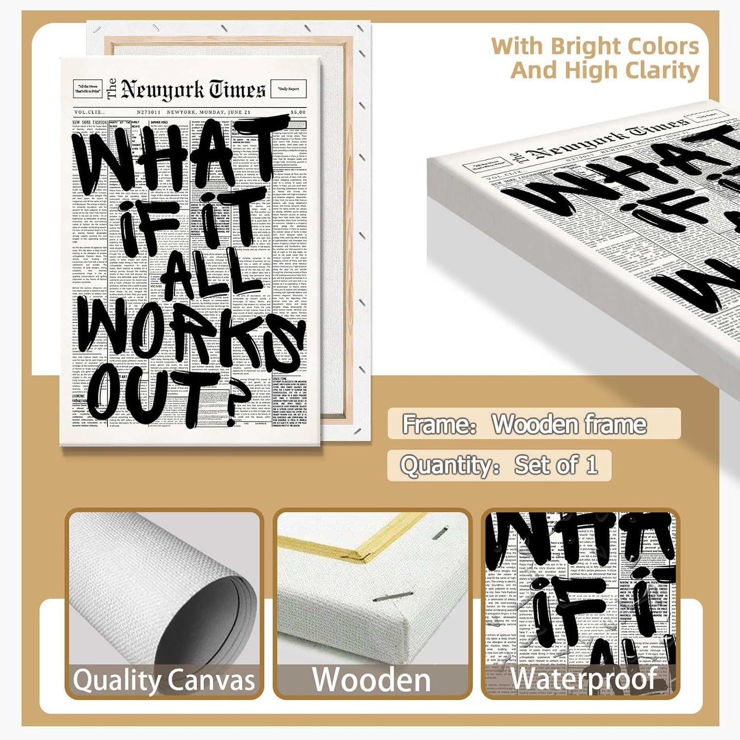 Retro Black And White Newspaper Poster What If It All Works Out Canvas Wall Art Positive Affirming Quote Minimalist Prints Painting For Home Bedroom Dorm Wall Decor 12x16in Unframed