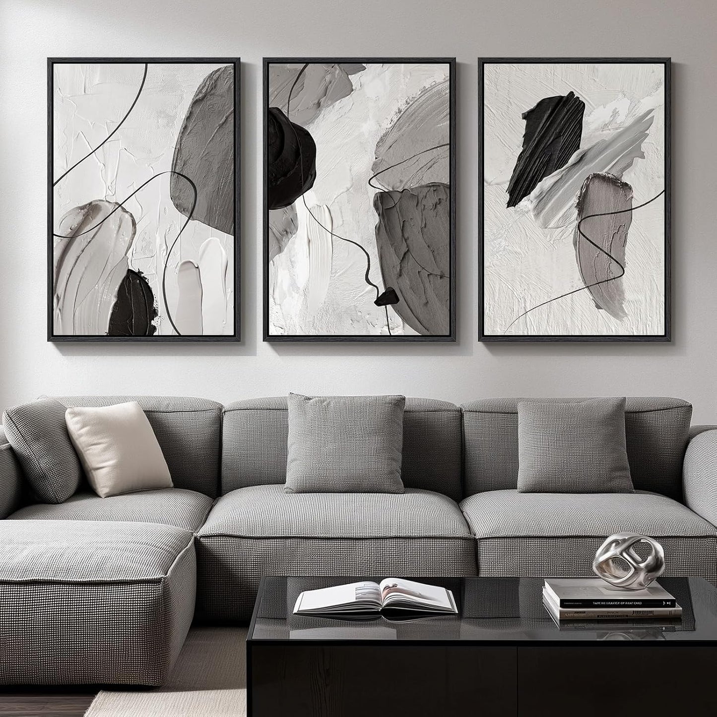 Large Framed Black and White Abstract Wall Art for Living Room, 3 Piece Big Modern Canvas Prints Paintings Artwork for Walls, Minimalist Abstract Art Pictures for Hallway, Office Wall Decor 24x36 In