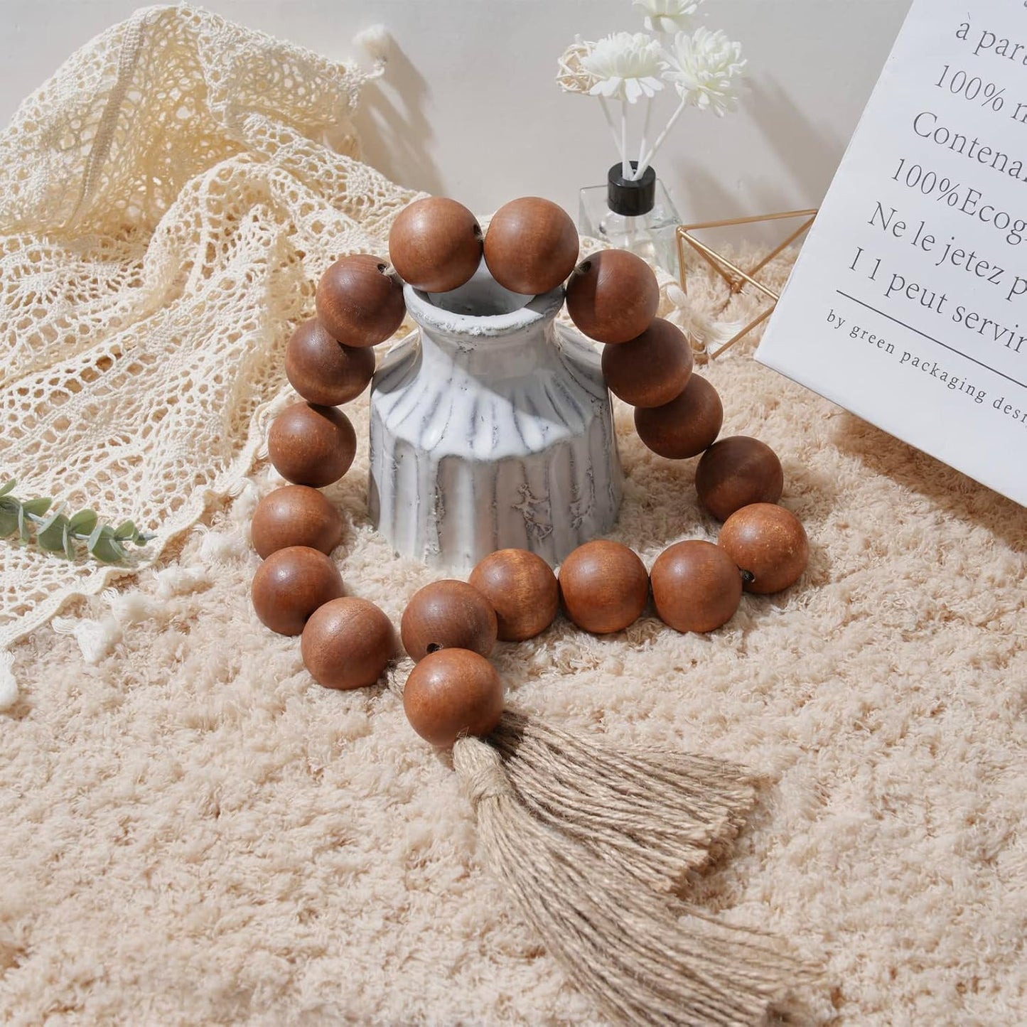 OMISHE Extra Large Wood Bead Garland with 1.6" Diameter Wooden Beads and Tassels, 41" Long Rustic Farmhouse Country Decorative Beads for Home Tiered Tray Decor, Natural Beige