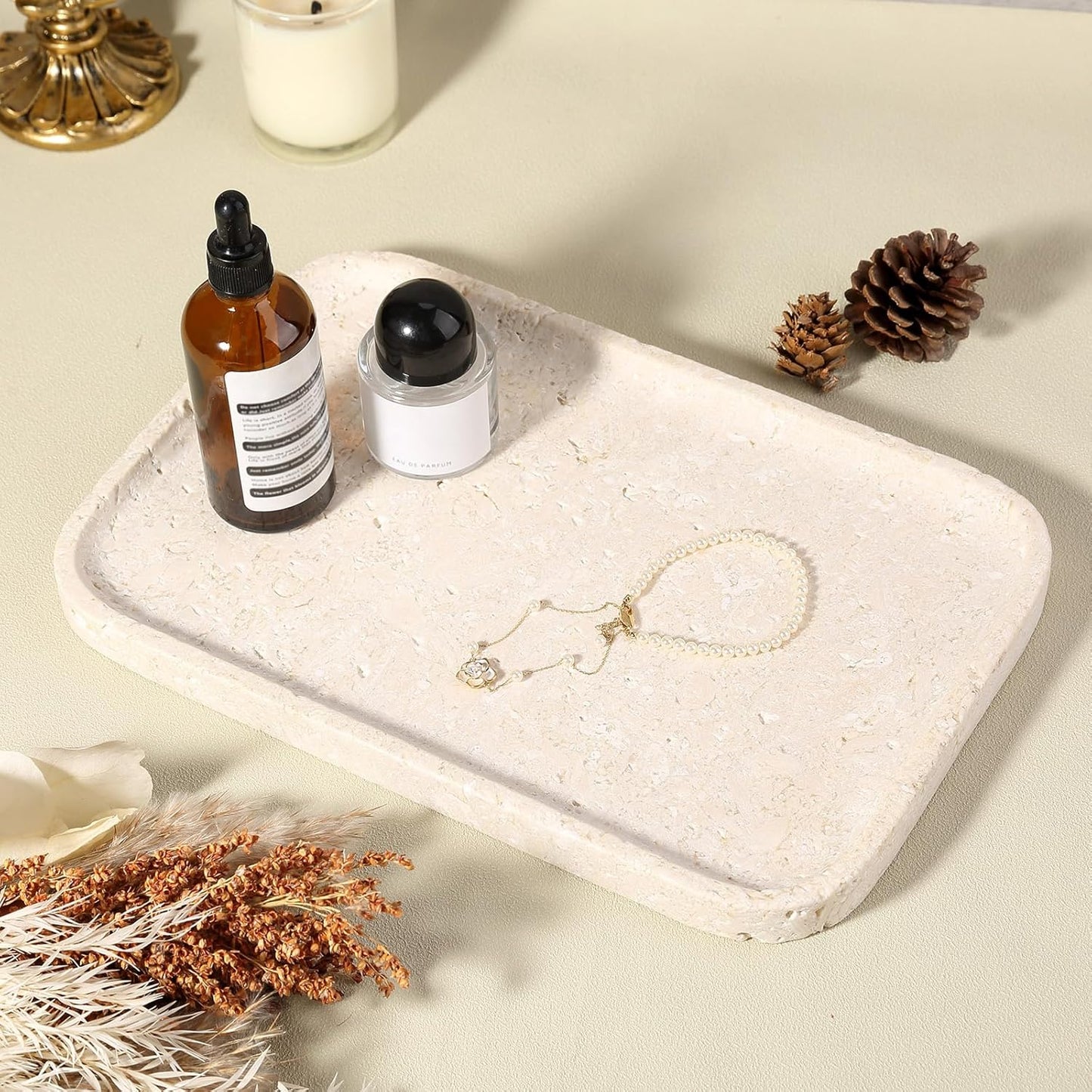 Marble Vanity Tray for Dresser Organizer, Travertine Bathroom Tray Countertop, Beige Decorative Serving Trays, Kitchen Sink Storage, Jewelry & Perfume Holder(Travertino Romano)