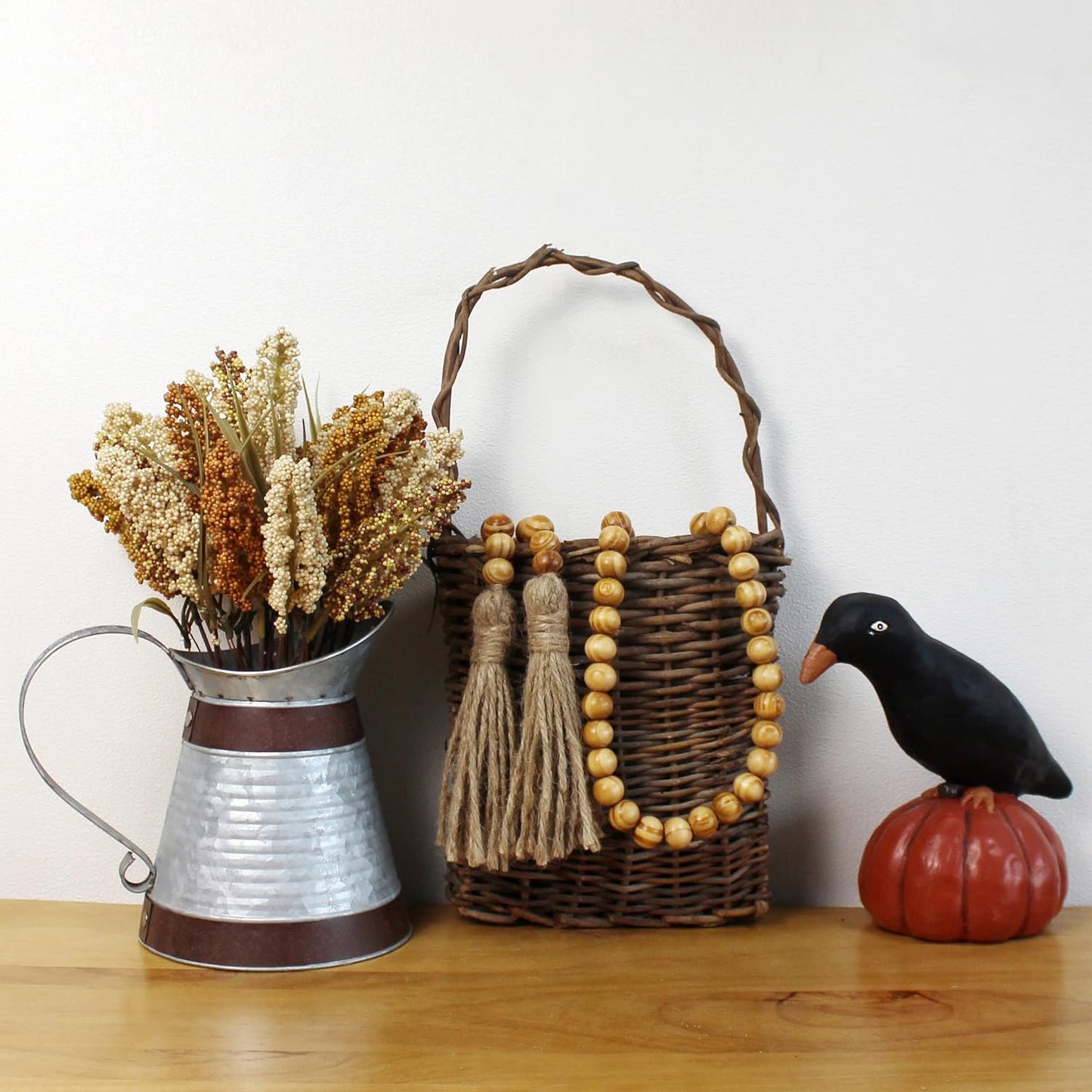 CVHOMEDECO. Wood Beads Garland with Tassels Farmhouse Rustic Wooden Prayer Bead String Wall Hanging Accent for Home Festival Decor. Mix Distressed