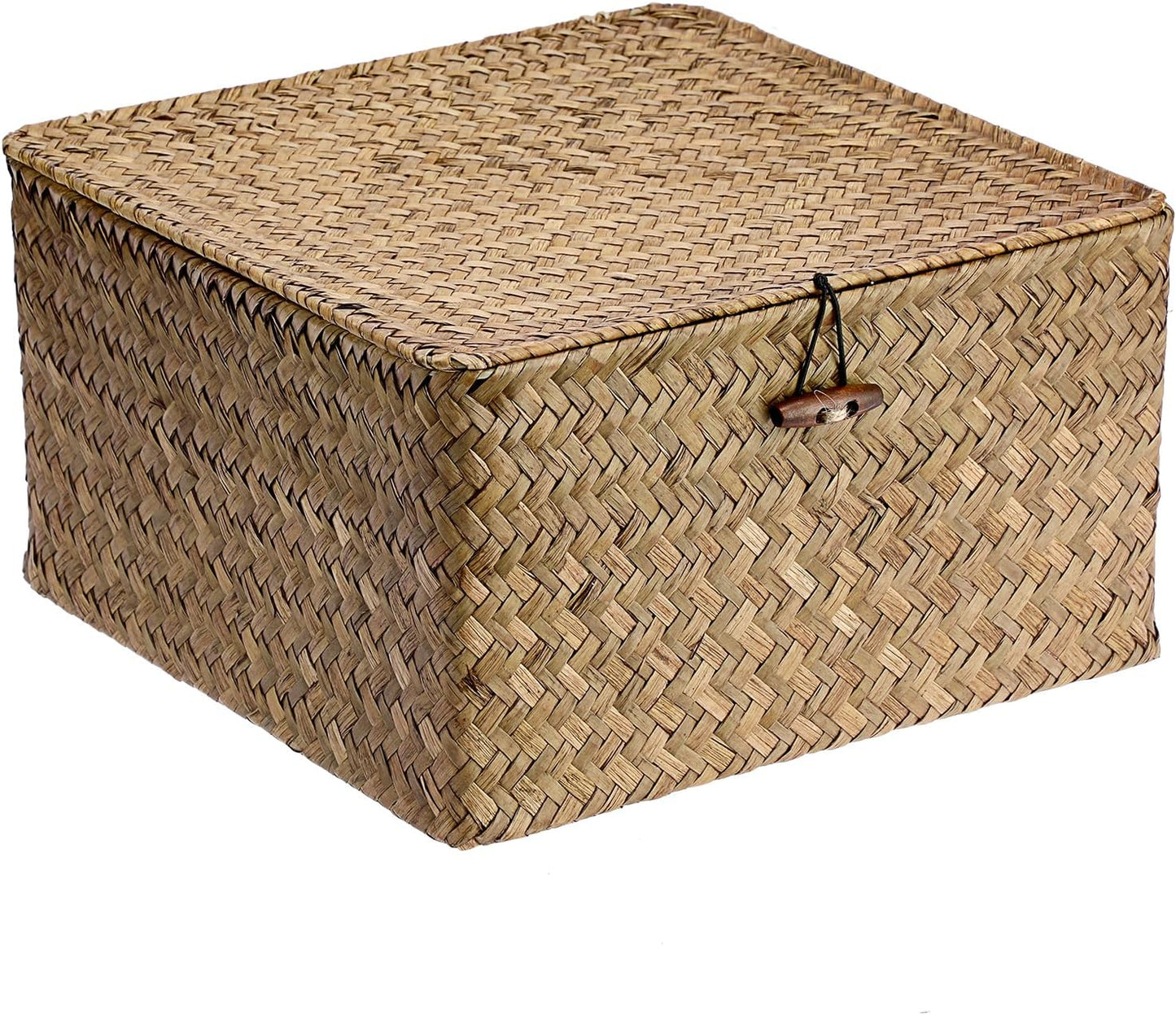 Hipiwe Seagrass Basket with Lid Wicker Storage Basket Square Handwoven Decorative Baskets Box for Shelf Multipurpose Household Baskets Home Decor,X-small