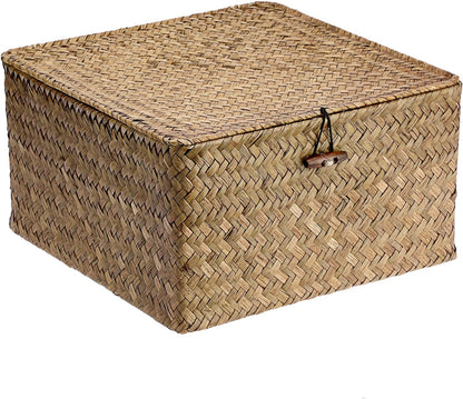 Hipiwe Seagrass Basket with Lid Wicker Storage Basket Square Handwoven Decorative Baskets Box for Shelf Multipurpose Household Baskets Home Decor,X-small