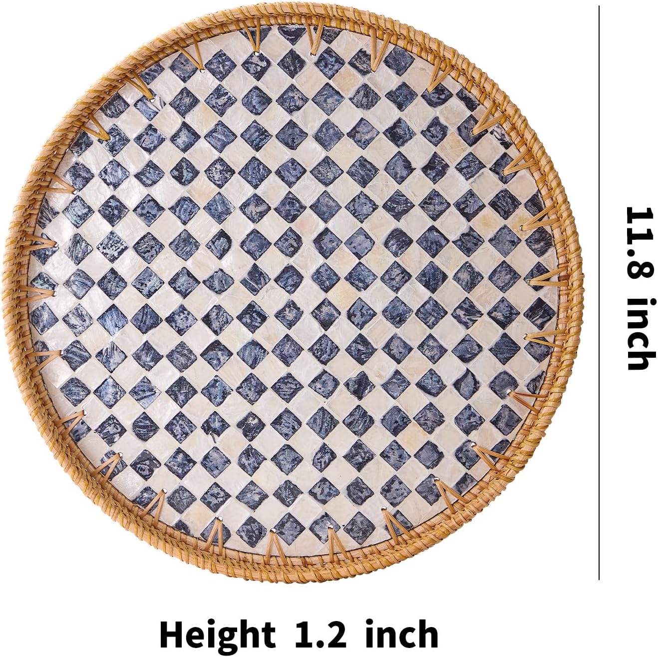 Round Rattan Tray with Mother of Pearl Inlay, Rattan Serving Tray with Wooden Base, Decorative Wicker Basket for Table Decor, Storage and Display of Coffee Bread Food Fruit (Leaf)