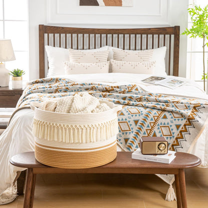 KAKAMAY Large Blanket Basket (20"x13"),Woven Baskets for storage Baby Laundry Hamper, Cotton Rope Blanket Basket for Living Room, Laundry, Nursery, Pillows, Baby Toy chest (White/Brown)