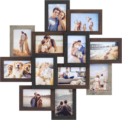 SONGMICS 4x6 Picture Frames Collage Wall Decor, 12-Pack Photo Collage Frame, Multi Picture Frame Set with Glass Front, Assembly Required, Rustic Brown URPF022X01