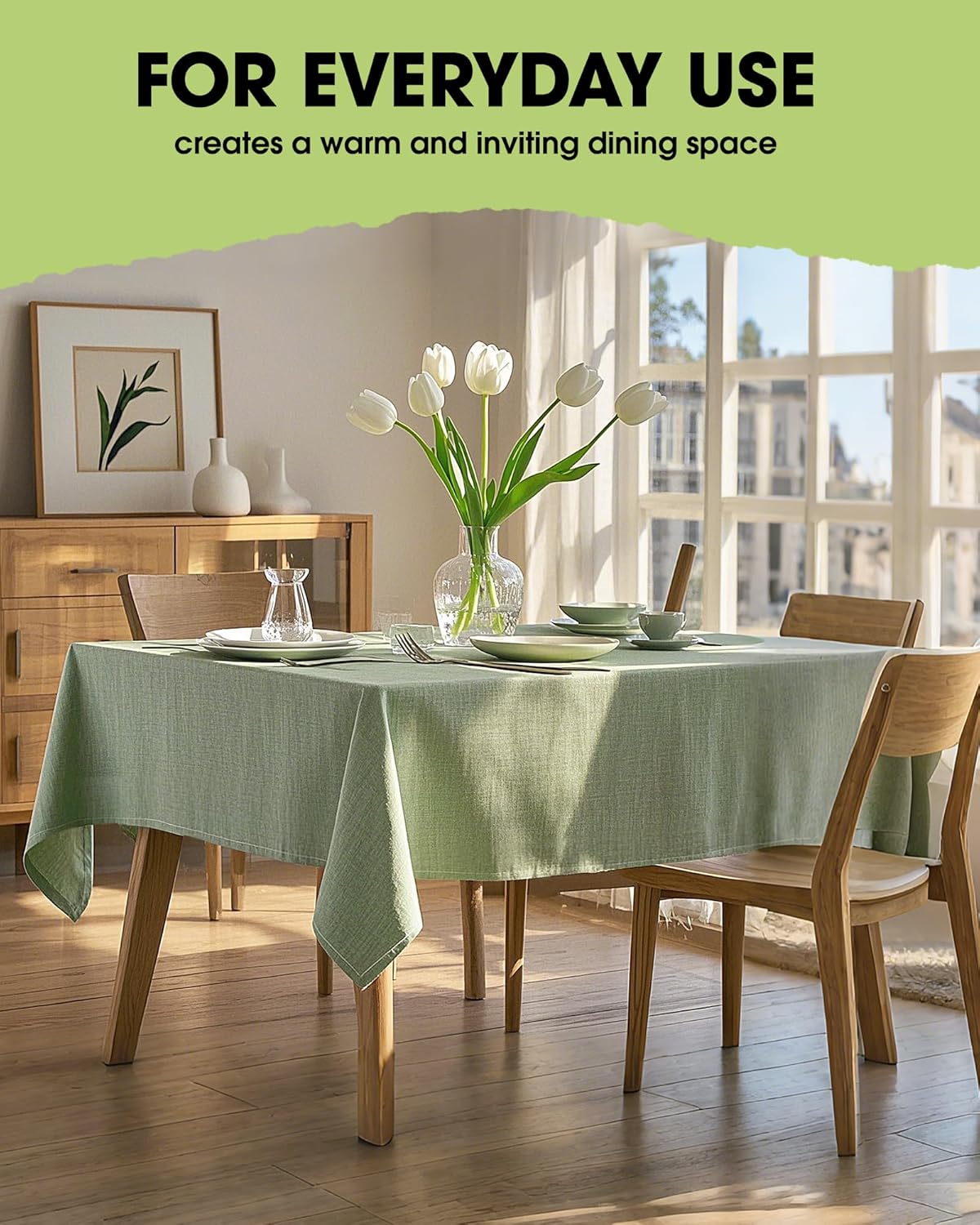 Pureegg Rectangle Linen Tablecloth Waterproof & Stain Resistant, Wrinkle-Free Table Cloth Adds Elegance and Protection, Ideal for Dining, Party, Wedding and Outdoor, 52 x 70 Inch, Sage Green