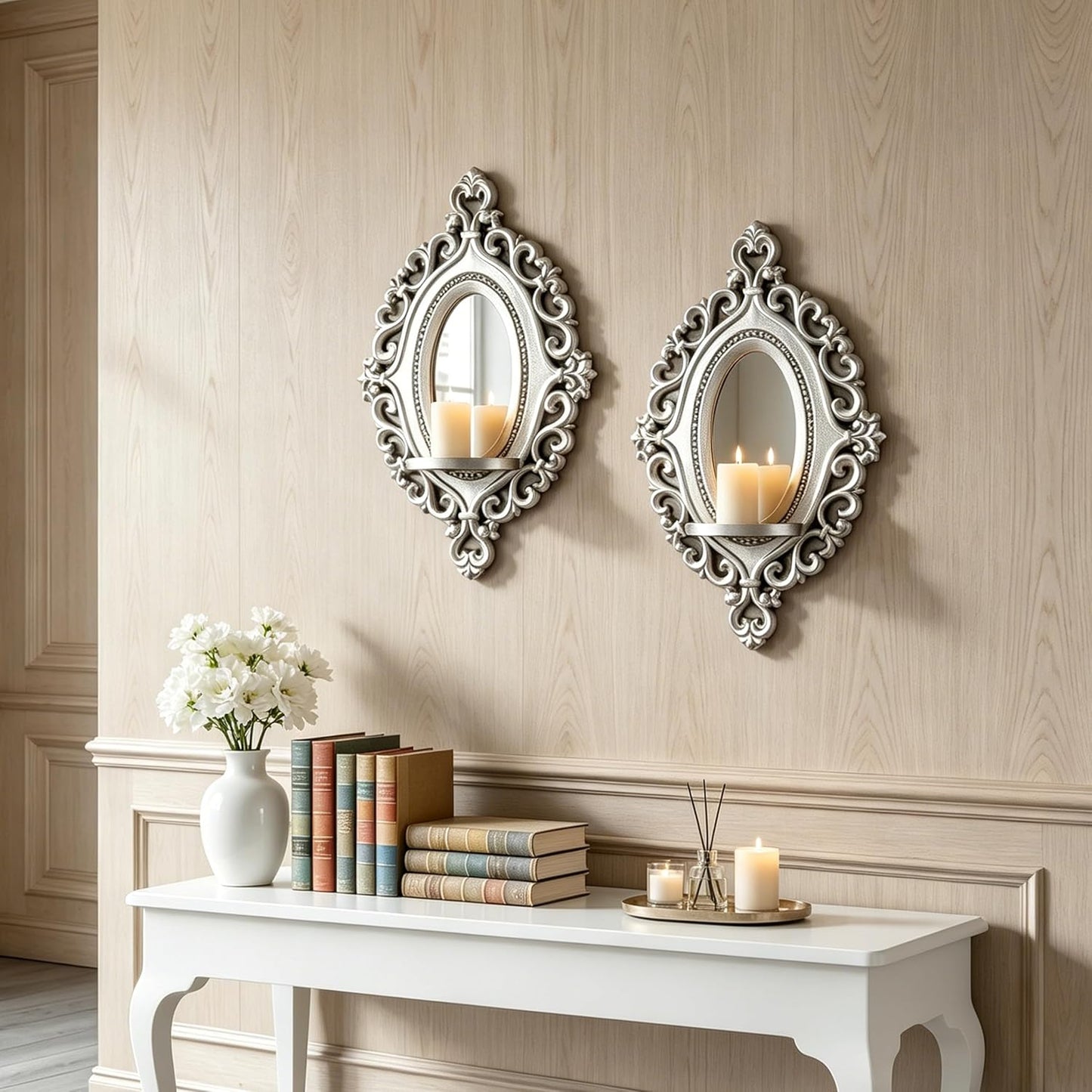 Three-Dimensional Relief Candle Sconces Set 2 Rustic Wall Mount Candle Holders Wood Hanging Wall Decor Mirrored Wall Art Hand Carved Home Decoration Gold