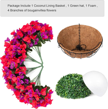 Artificial Hanging Flowers Faux Plants Basket for Outdoors Spring Summer Decor, Fake Silk Bougainvillea in Planter Outdoor Look Real UV Resistant Faux Flower for Outside Porch Patio Garden Home, White