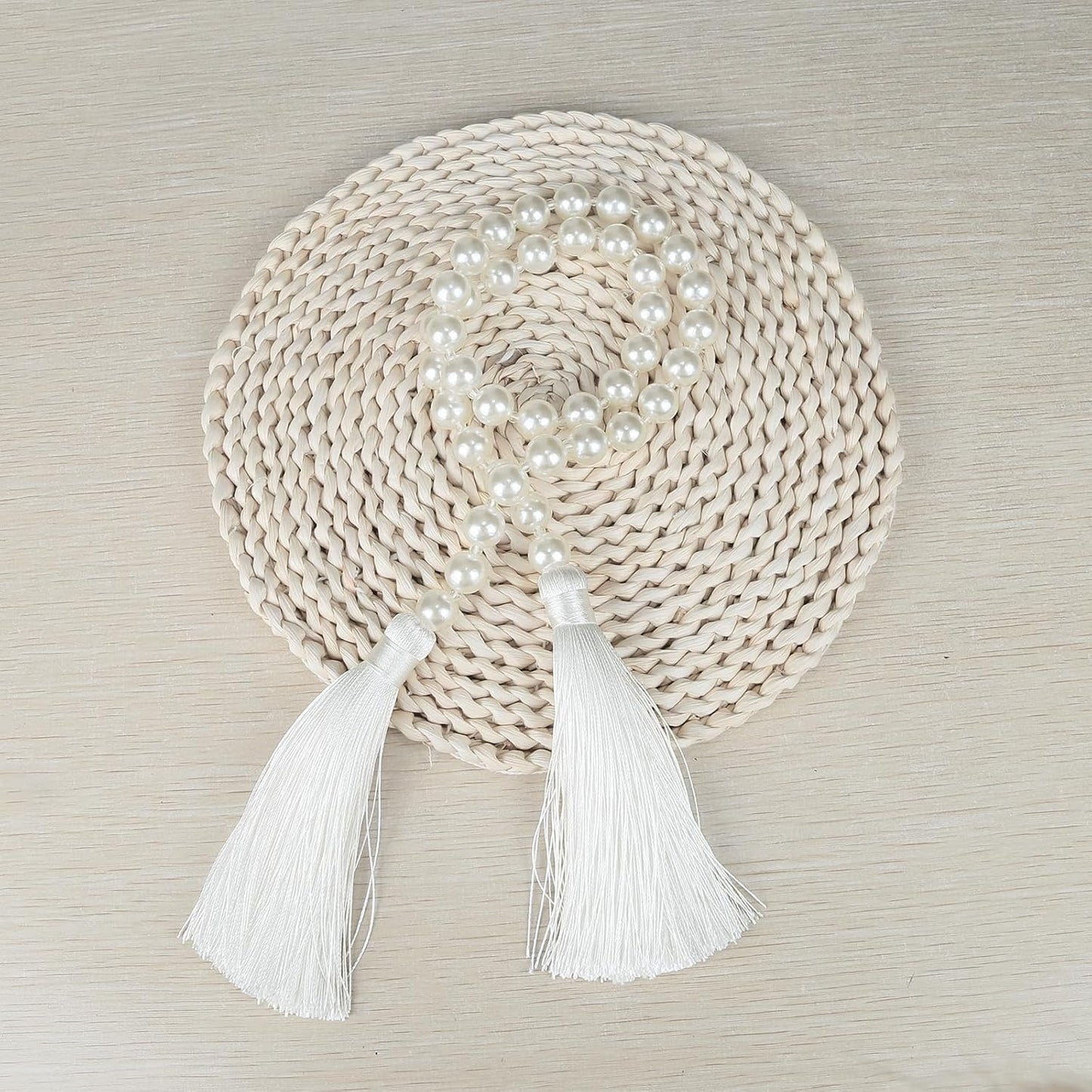 34 Inch Pearl Glass Bead Garland with Tassels - Elegant Boho Table Decor, Fringe Wall Hanging for Wedding, Party, Farmhouse Rustic Prayer Bead Home Decoration(1 Pack,Gold)