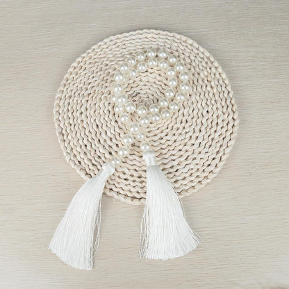 34 Inch Pearl Glass Bead Garland with Tassels - Elegant Boho Table Decor, Fringe Wall Hanging for Wedding, Party, Farmhouse Rustic Prayer Bead Home Decoration(1 Pack,Gold)