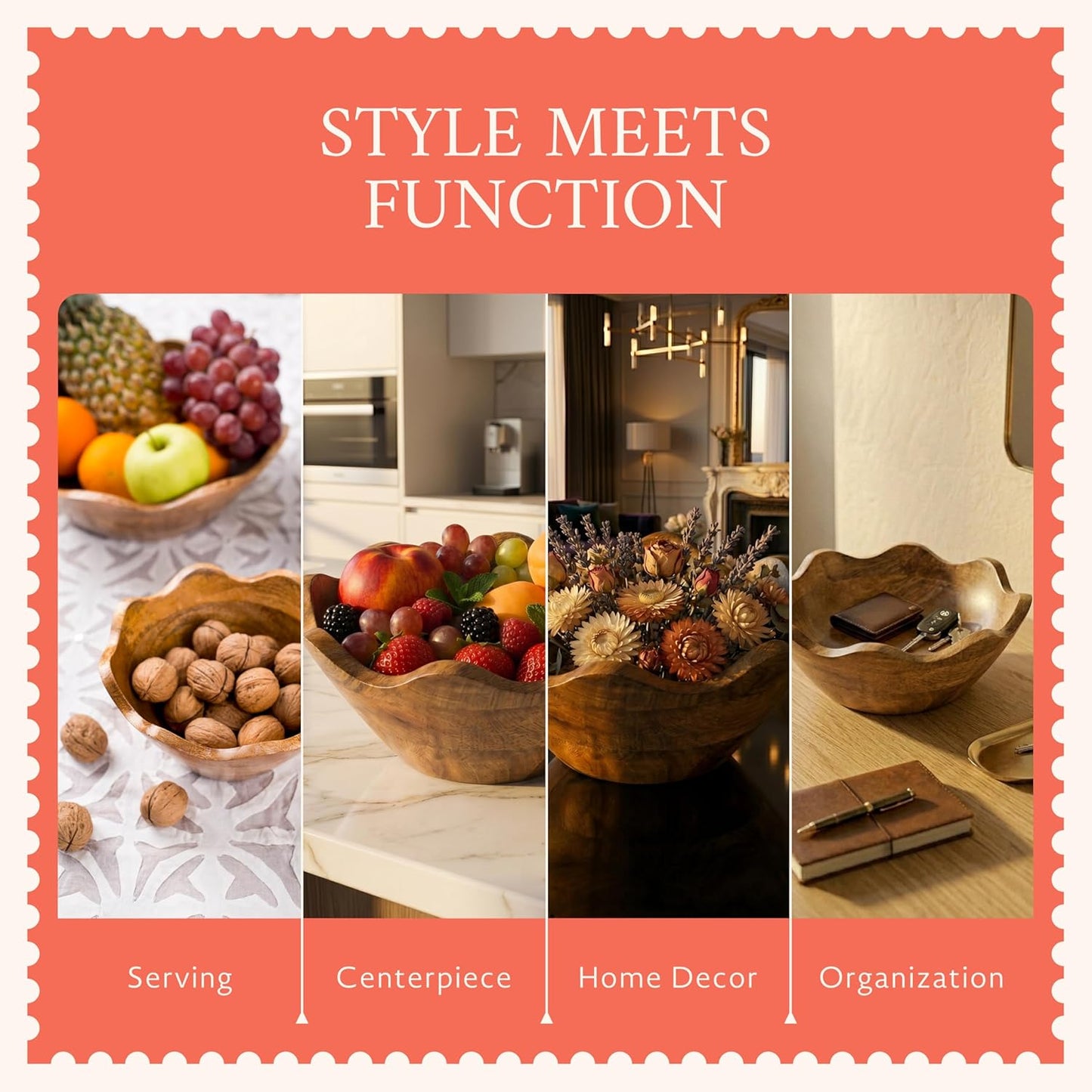 Mela Artisans 12-Inch Mango Wood Scalloped Bowl - Hand-Finished Decorative Serving and Fruit Bowl with Natural Grain for Kitchen Counter, Snacks, Desserts, Bread and Home Decor Centerpiece