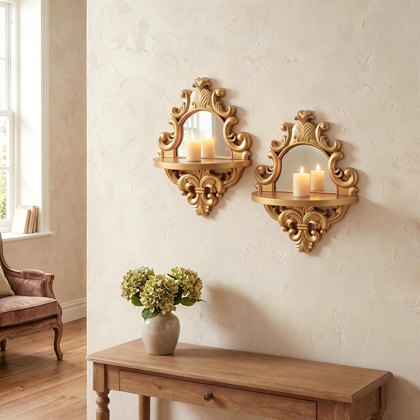 Three-Dimensional Relief Candle Sconces Set 2 Rustic Wall Mount Candle Holders Wood Hanging Wall Decor Mirrored Wall Art Hand Carved Home Decoration Gold