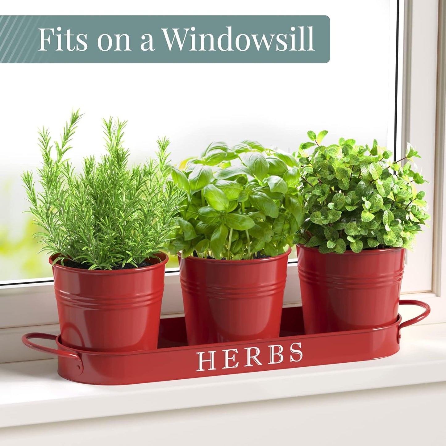 Barnyard Designs Indoor Herb Garden Planter Set with Tray, Metal Windowsill Plant Pots with Drainage for Outdoor or Indoor Plants, Set/3 (White)