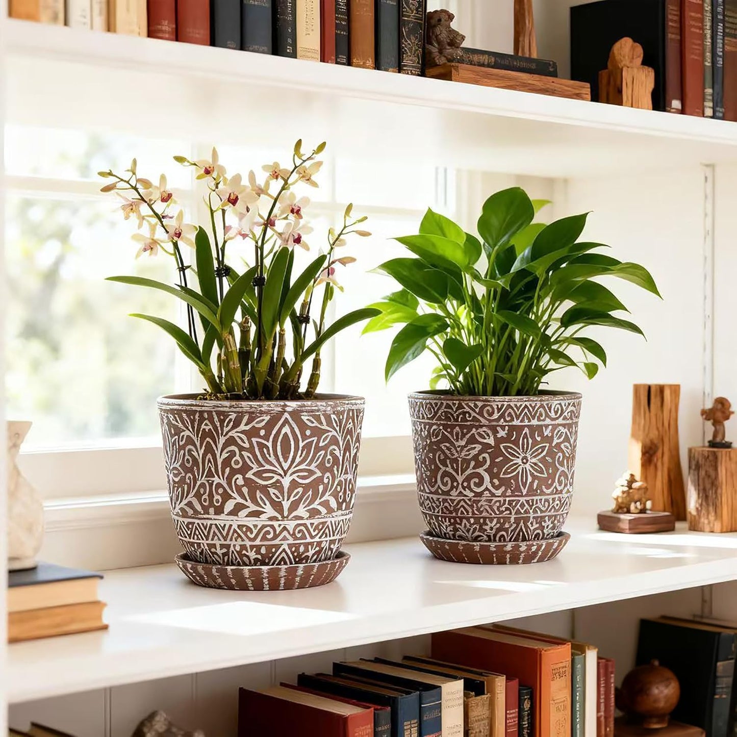 Gepege 6 Inch Beaded Ceramic Planter Set of 2 with Drainage Hole and Saucer for Plants, Indoor-Outdoor Large Round Succulent Orchid Flower Pot (Smoked Gray, Inner-pots not Larger Than 5 Inch)