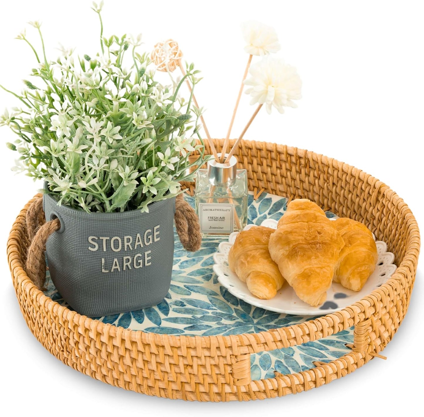 KOLWOVEN Round Rattan Tray with Handle, Rattan Serving Tray with Mother of Pearl Inlay Wooden Base, Decorative Wicker Basket for Table Decor (Blue Leaves)